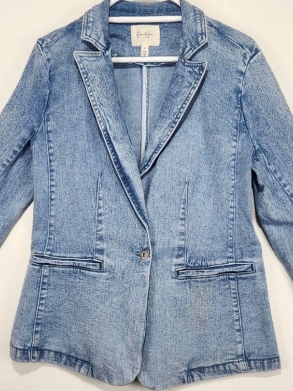 Stretch Light-Wash Denim Blazer (lace accents) Womens M